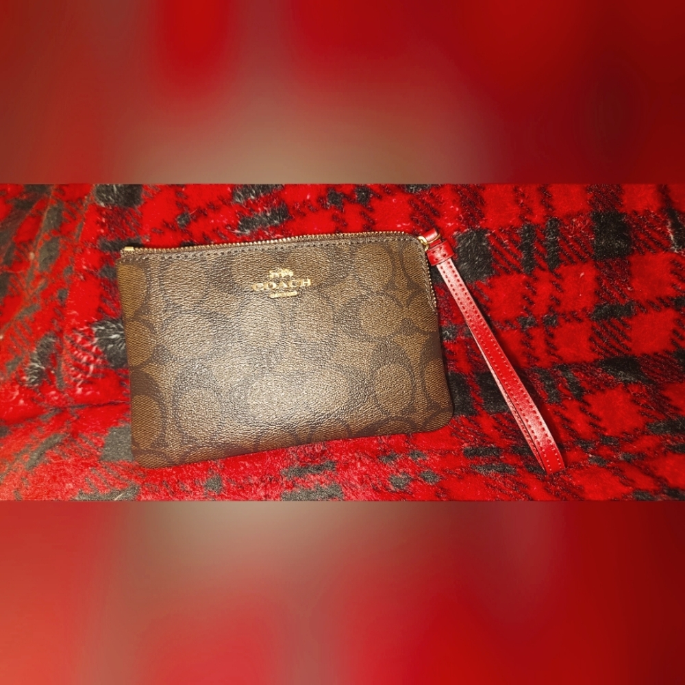 Coach Chocolate and Red Wristlet NEW